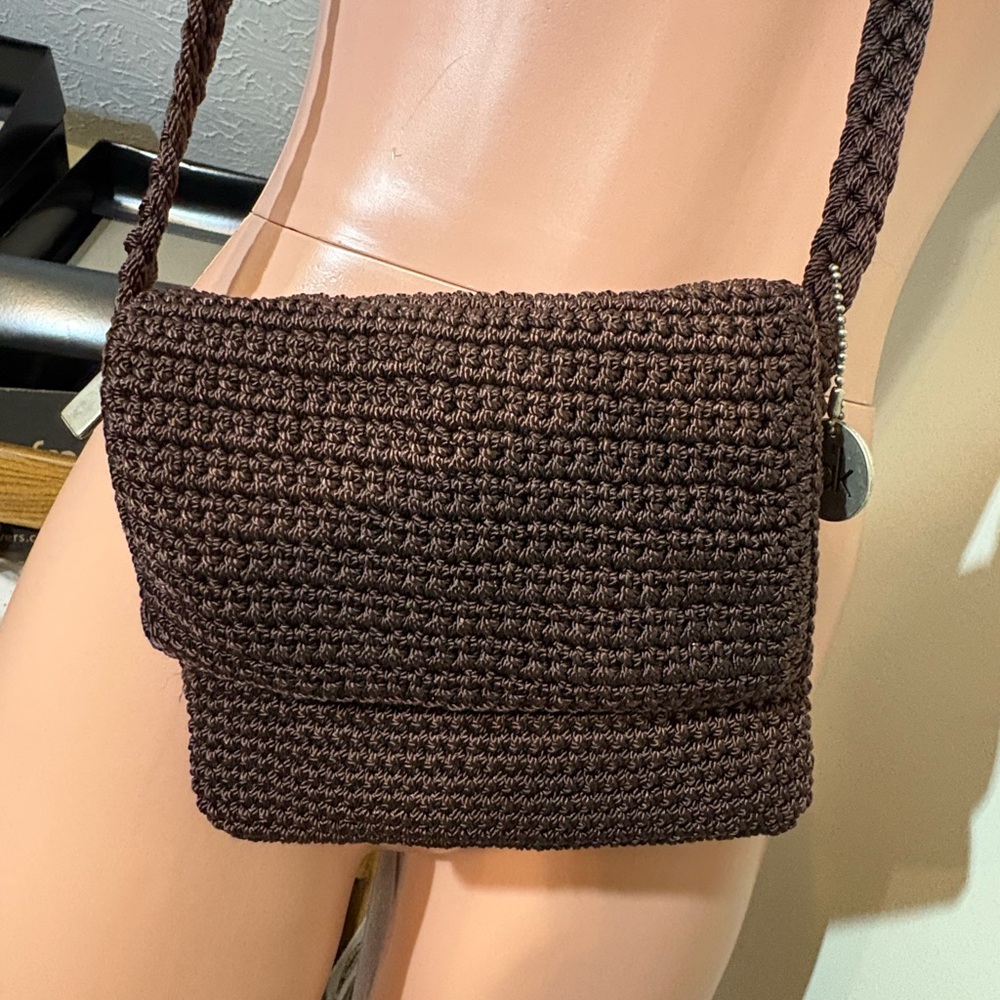 THE SAK women’s Brown Crochet crossbody flap Purse w/charm